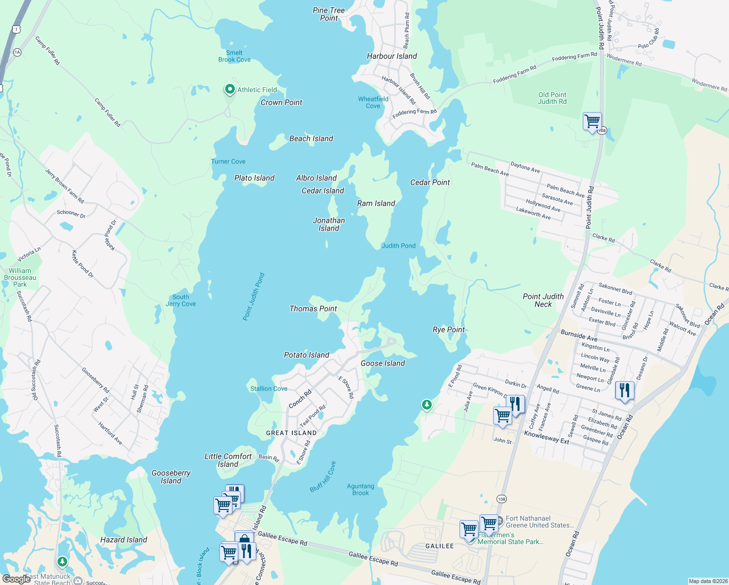 map of restaurants, bars, coffee shops, grocery stores, and more near 124 Marine Drive in Narragansett