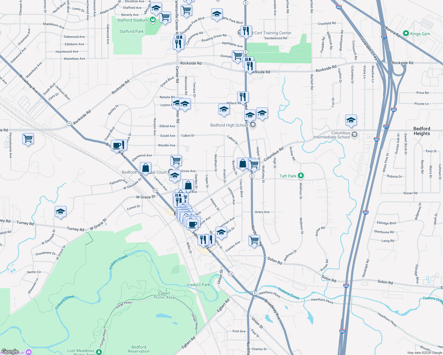map of restaurants, bars, coffee shops, grocery stores, and more near 20 Avalon Dr in Bedford
