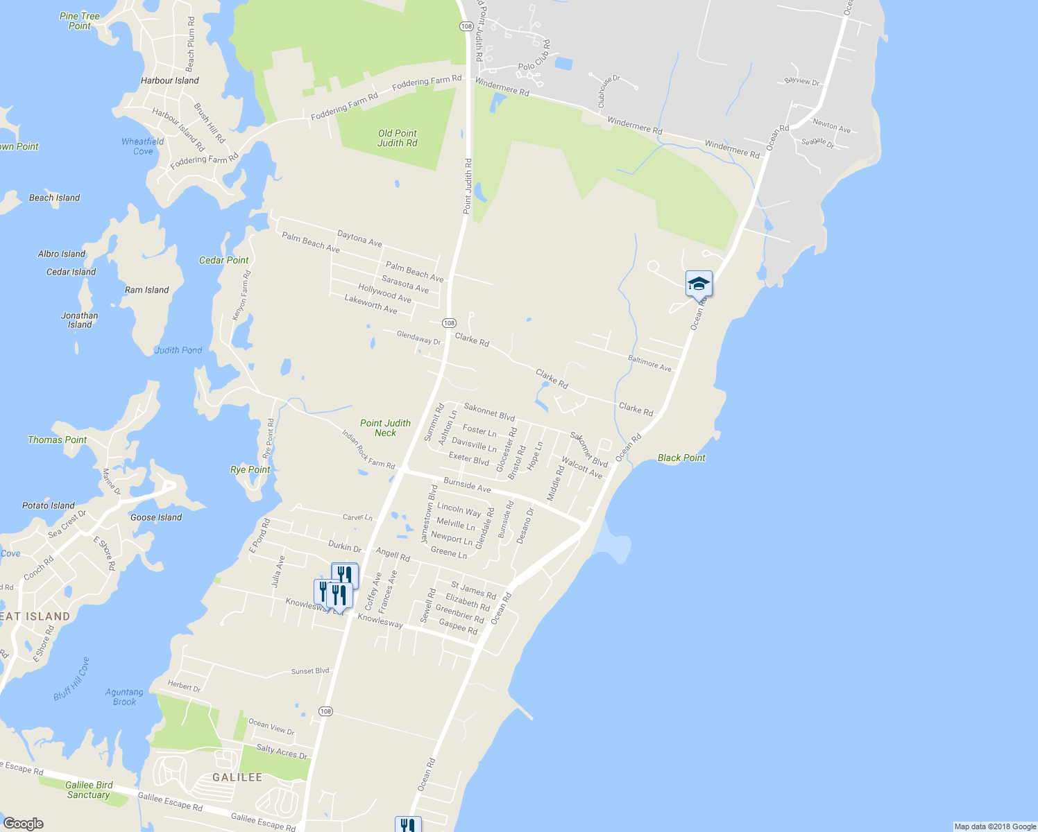 map of restaurants, bars, coffee shops, grocery stores, and more near 95 Sakonnet Boulevard in Narragansett