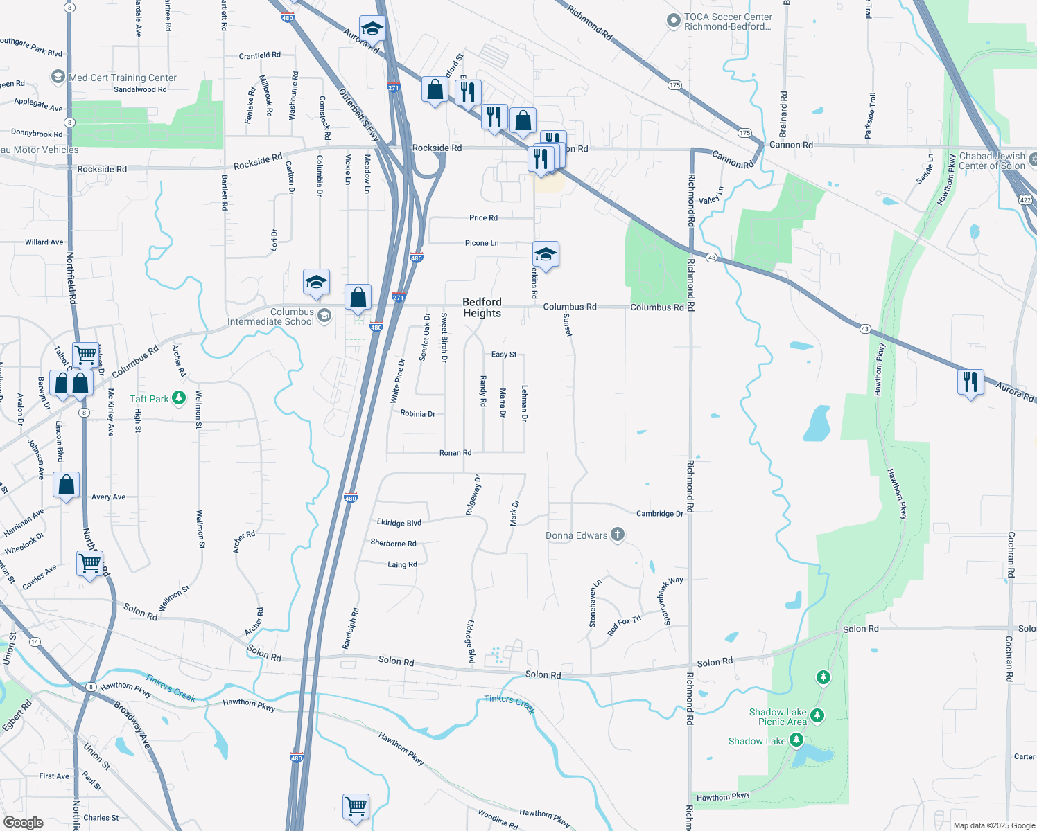 map of restaurants, bars, coffee shops, grocery stores, and more near 5976 Lehman Dr in Bedford Heights