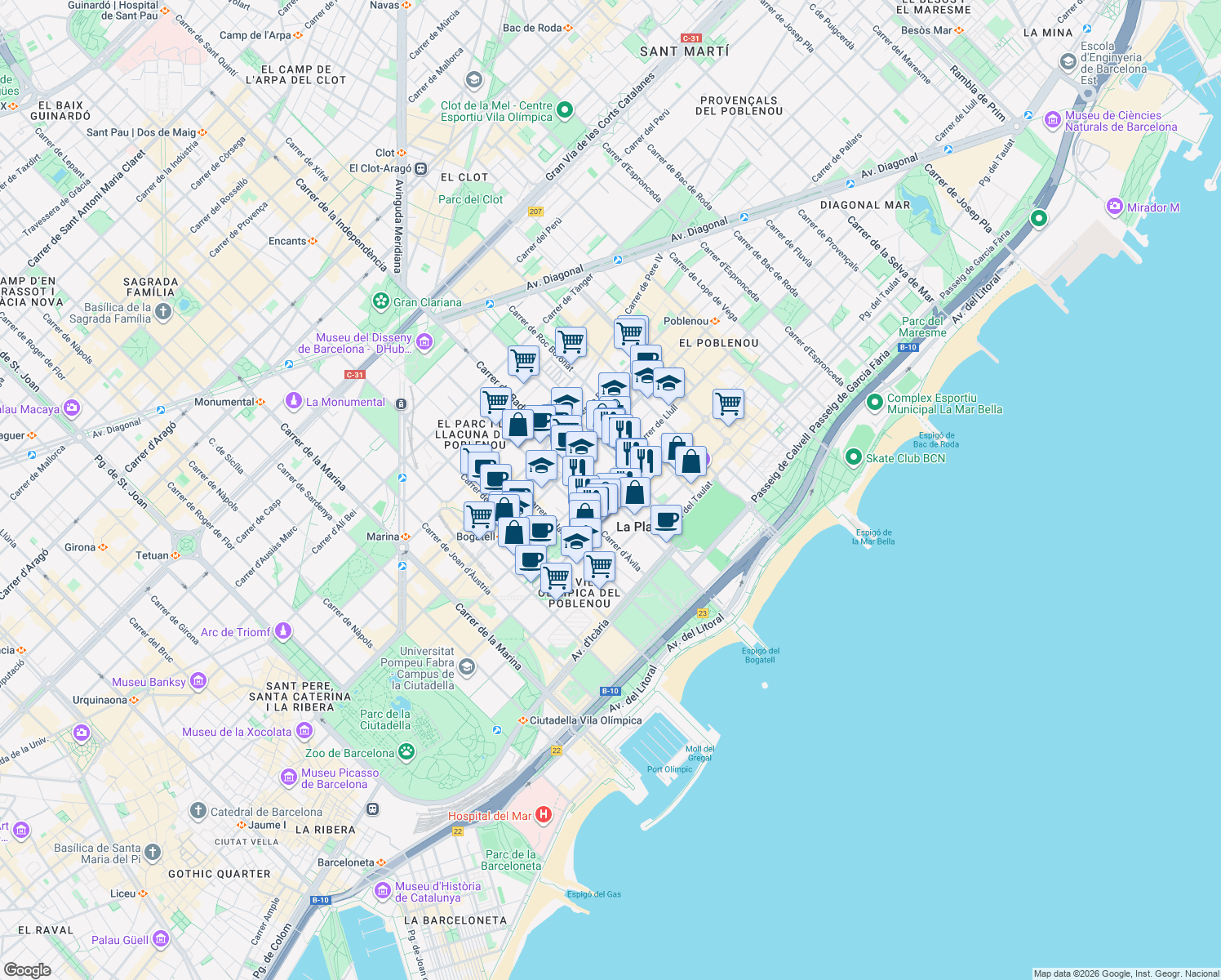 map of restaurants, bars, coffee shops, grocery stores, and more near 58 Carrer de Badajoz in Barcelona