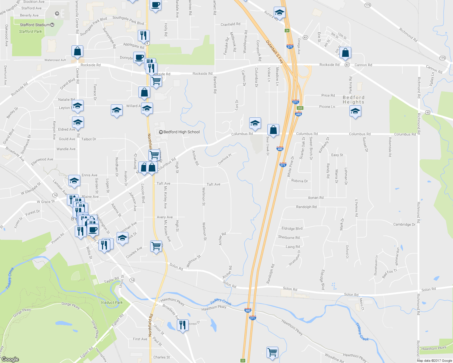 map of restaurants, bars, coffee shops, grocery stores, and more near 824 Archer Road in Bedford