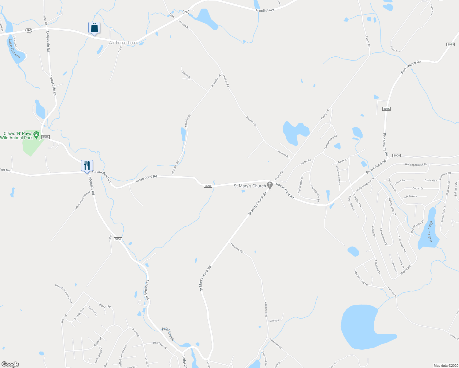 map of restaurants, bars, coffee shops, grocery stores, and more near Goose Pond Road in Lake Ariel