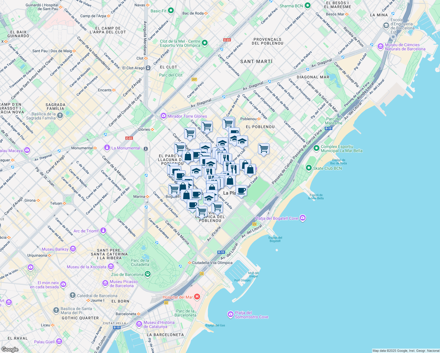 map of restaurants, bars, coffee shops, grocery stores, and more near 122 Carrer de Llull in Barcelona