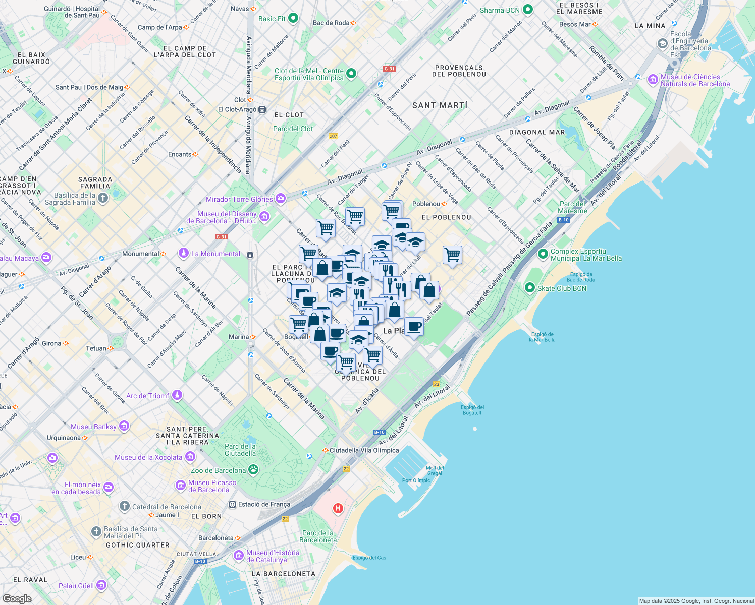 map of restaurants, bars, coffee shops, grocery stores, and more near 122 Carrer de Llull in Barcelona