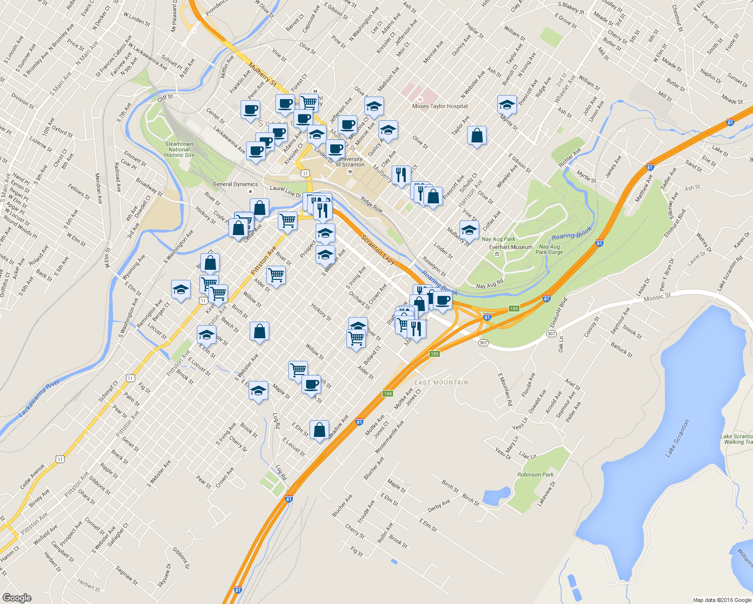 map of restaurants, bars, coffee shops, grocery stores, and more near 215 Crown Avenue in Scranton