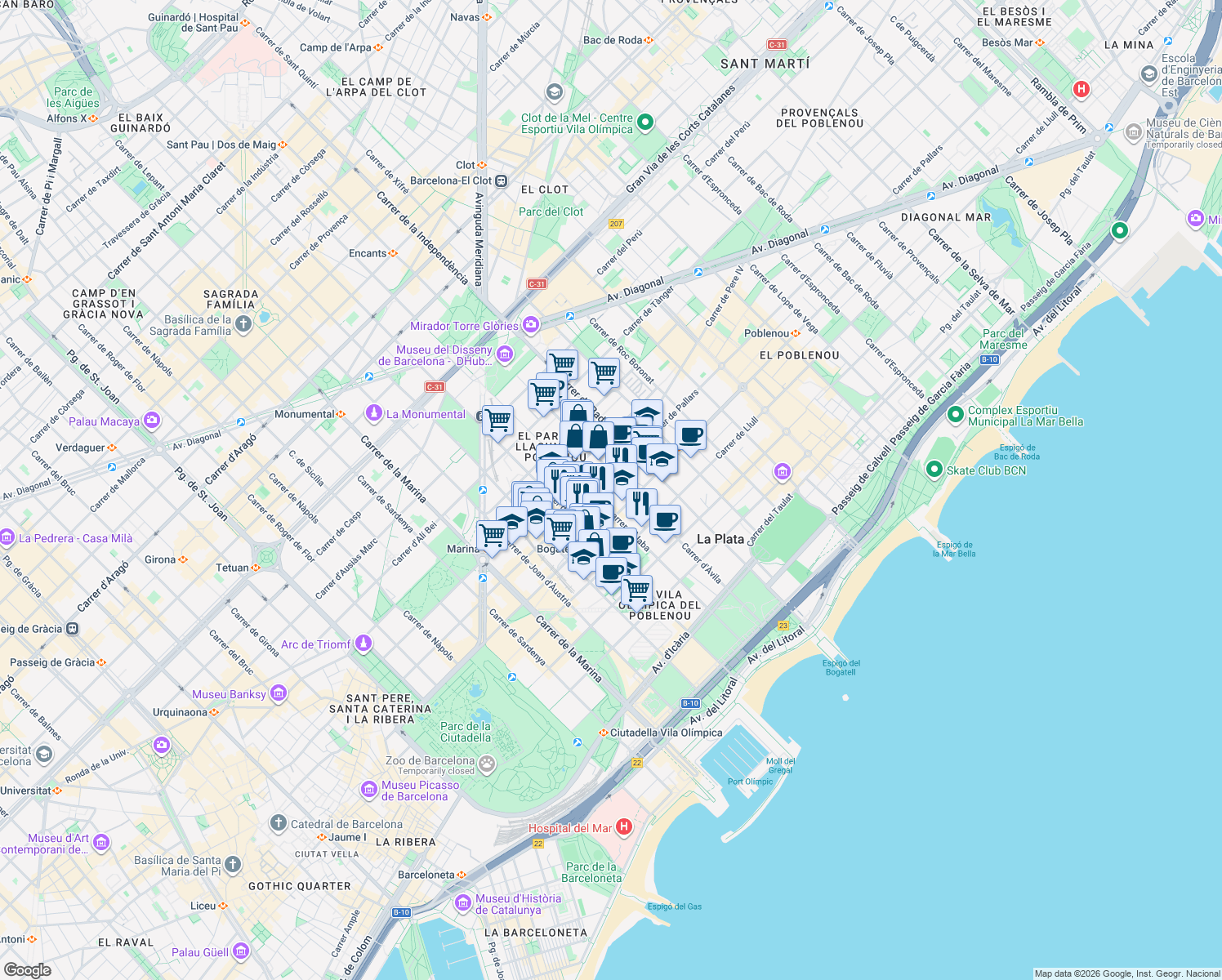 map of restaurants, bars, coffee shops, grocery stores, and more near 86 Carrer de Pere IV in Barcelona
