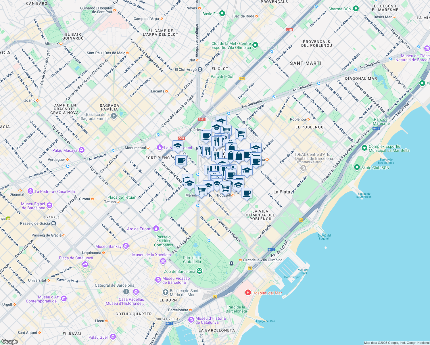 map of restaurants, bars, coffee shops, grocery stores, and more near 113 Carrer de Pamplona in Barcelona