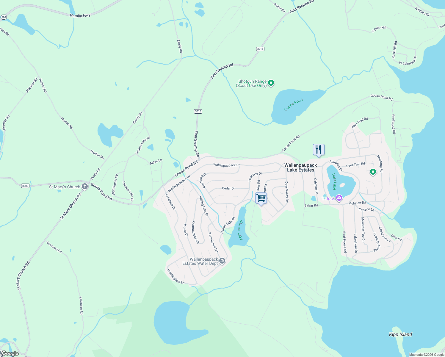 map of restaurants, bars, coffee shops, grocery stores, and more near 77 Red Hawk Drive in Wayne County