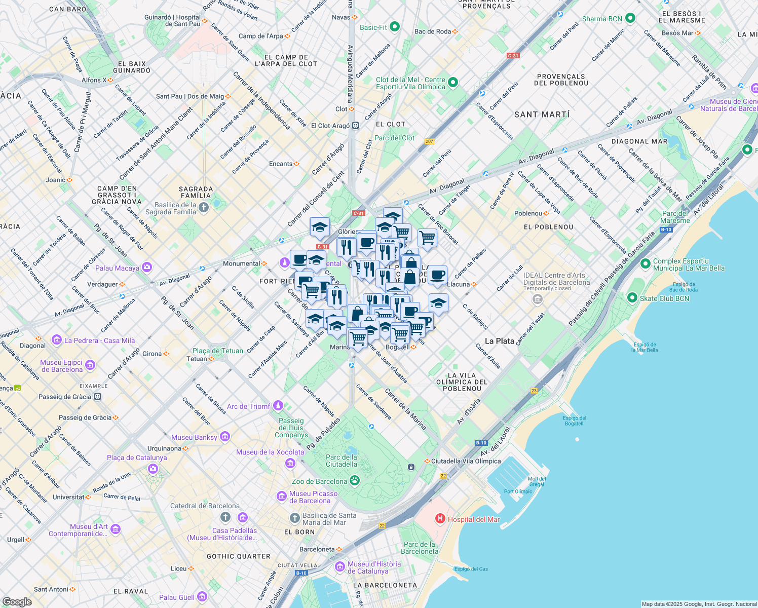 map of restaurants, bars, coffee shops, grocery stores, and more near 113 Carrer de Pamplona in Barcelona