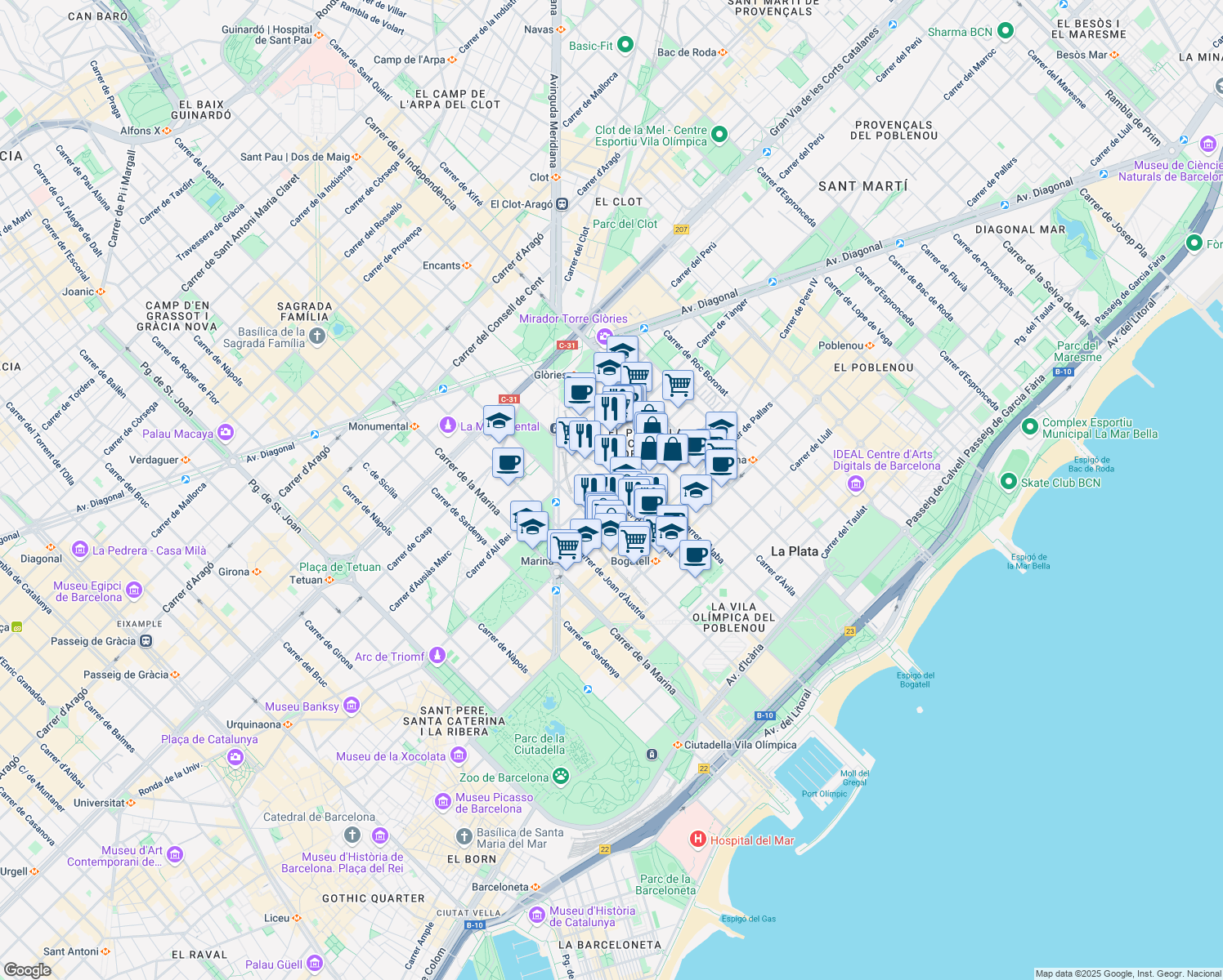 map of restaurants, bars, coffee shops, grocery stores, and more near 104 Carrer de Pamplona in Barcelona
