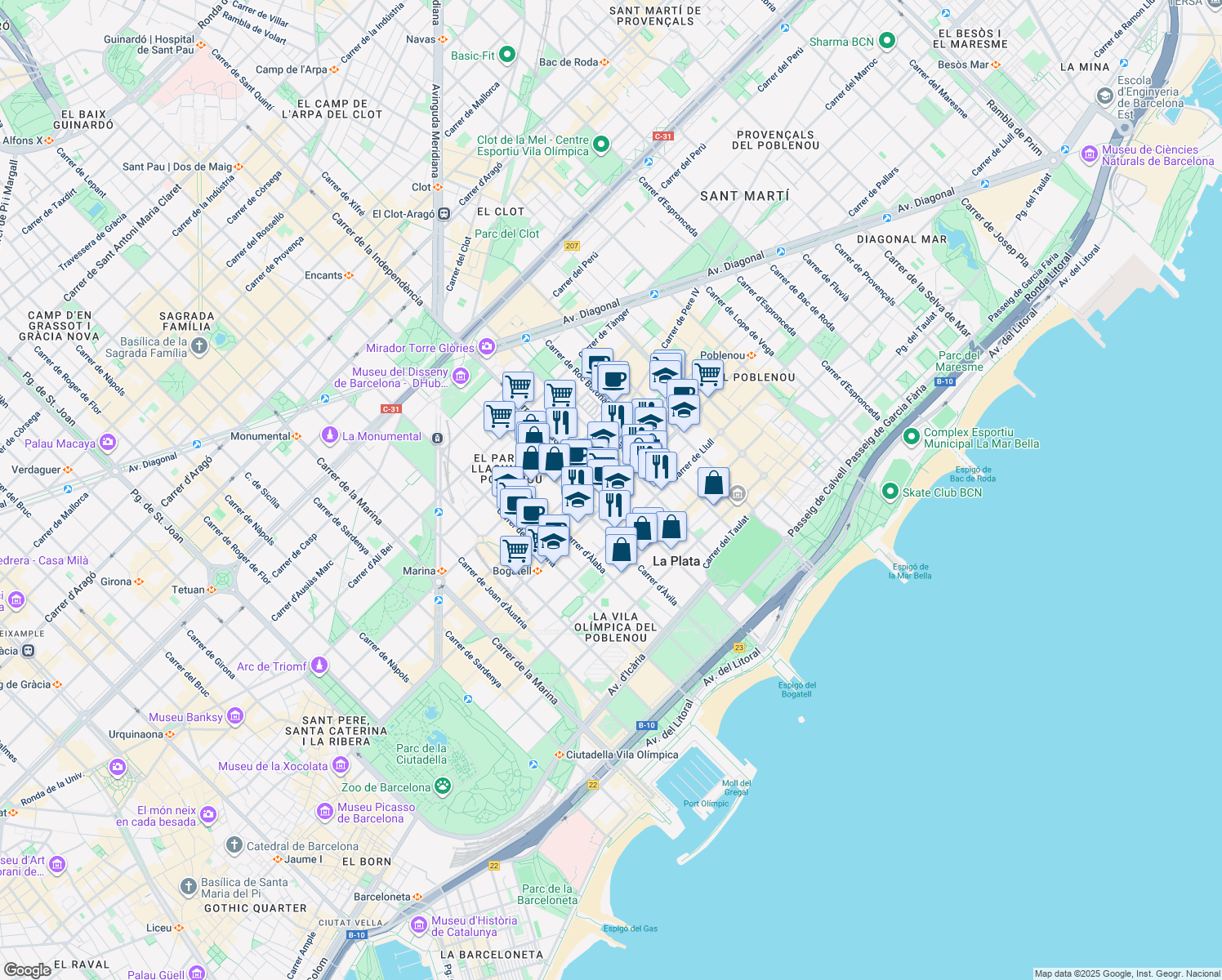 map of restaurants, bars, coffee shops, grocery stores, and more near 101 Carrer de Pujades in Barcelona