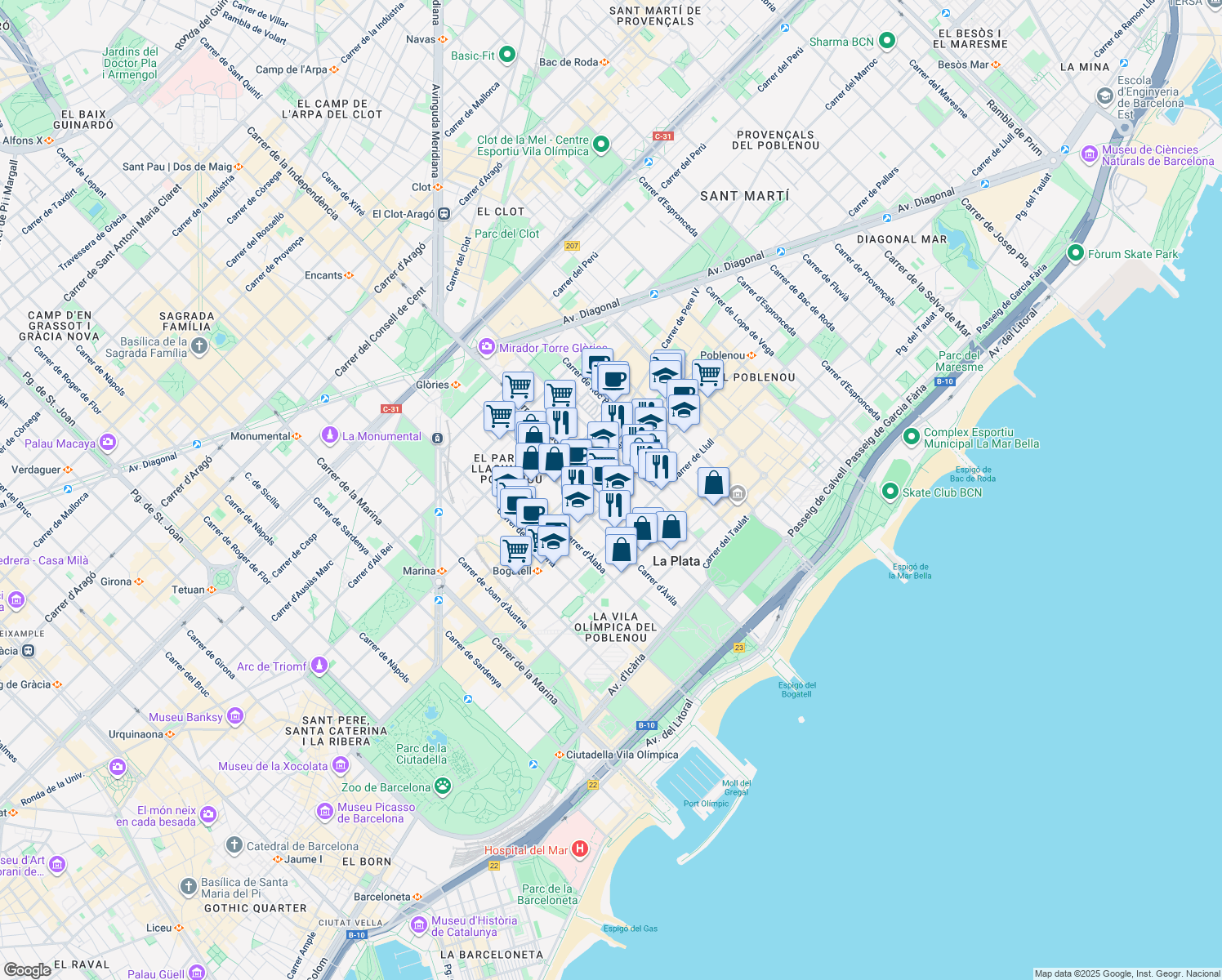 map of restaurants, bars, coffee shops, grocery stores, and more near 101 Carrer de Pujades in Barcelona