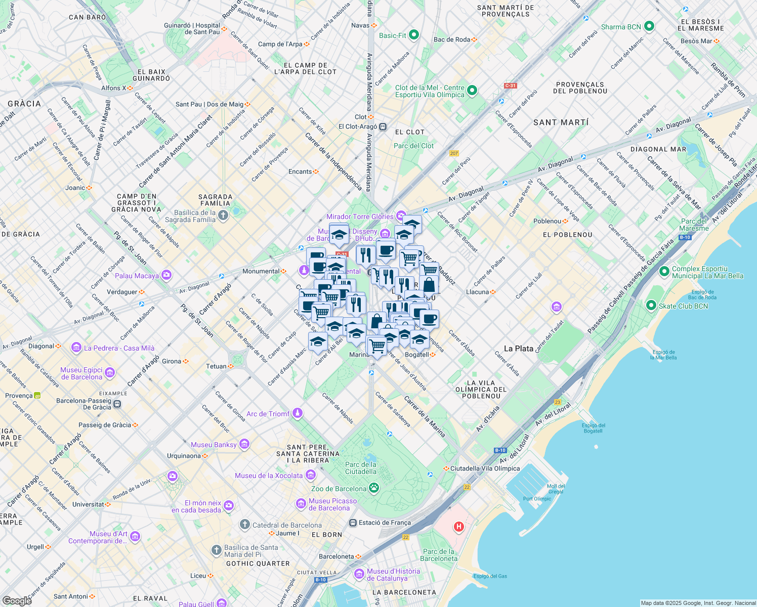 map of restaurants, bars, coffee shops, grocery stores, and more near 8 Carrer de Tànger in Barcelona