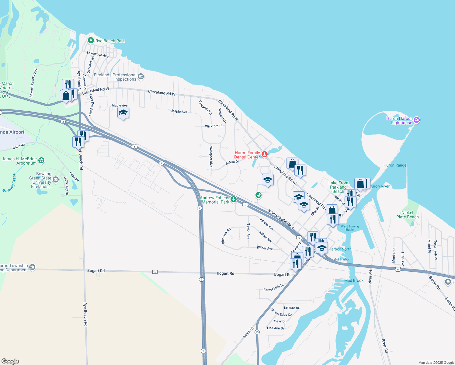 map of restaurants, bars, coffee shops, grocery stores, and more near 704 Strowbridge Drive in Huron