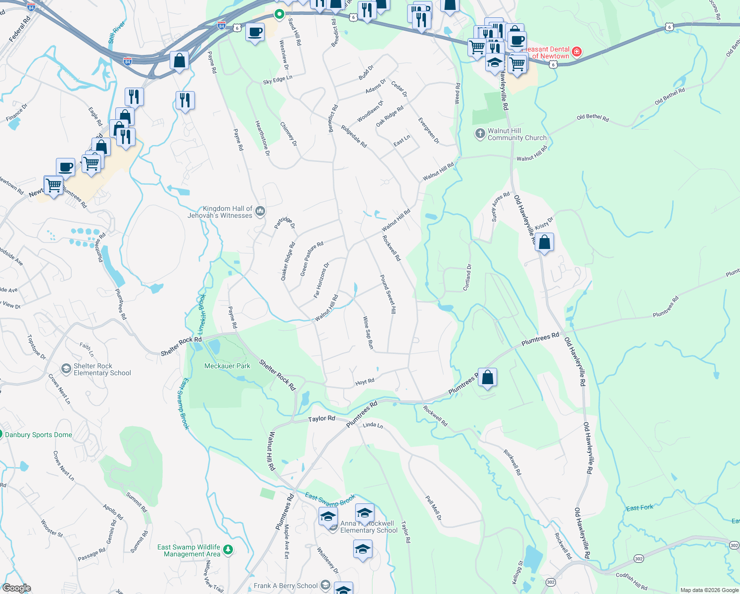 map of restaurants, bars, coffee shops, grocery stores, and more near 8 Apple Tree Road in Bethel