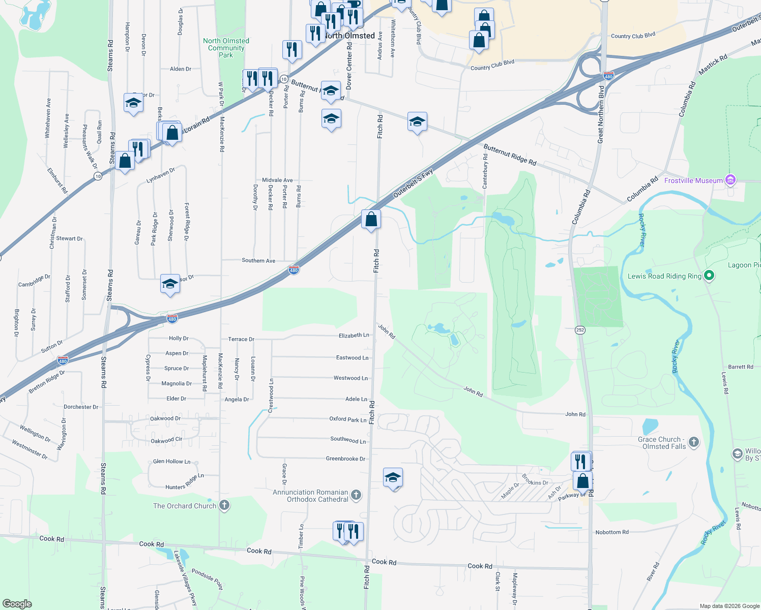 map of restaurants, bars, coffee shops, grocery stores, and more near 6363 Fitch Road in Cuyahoga County