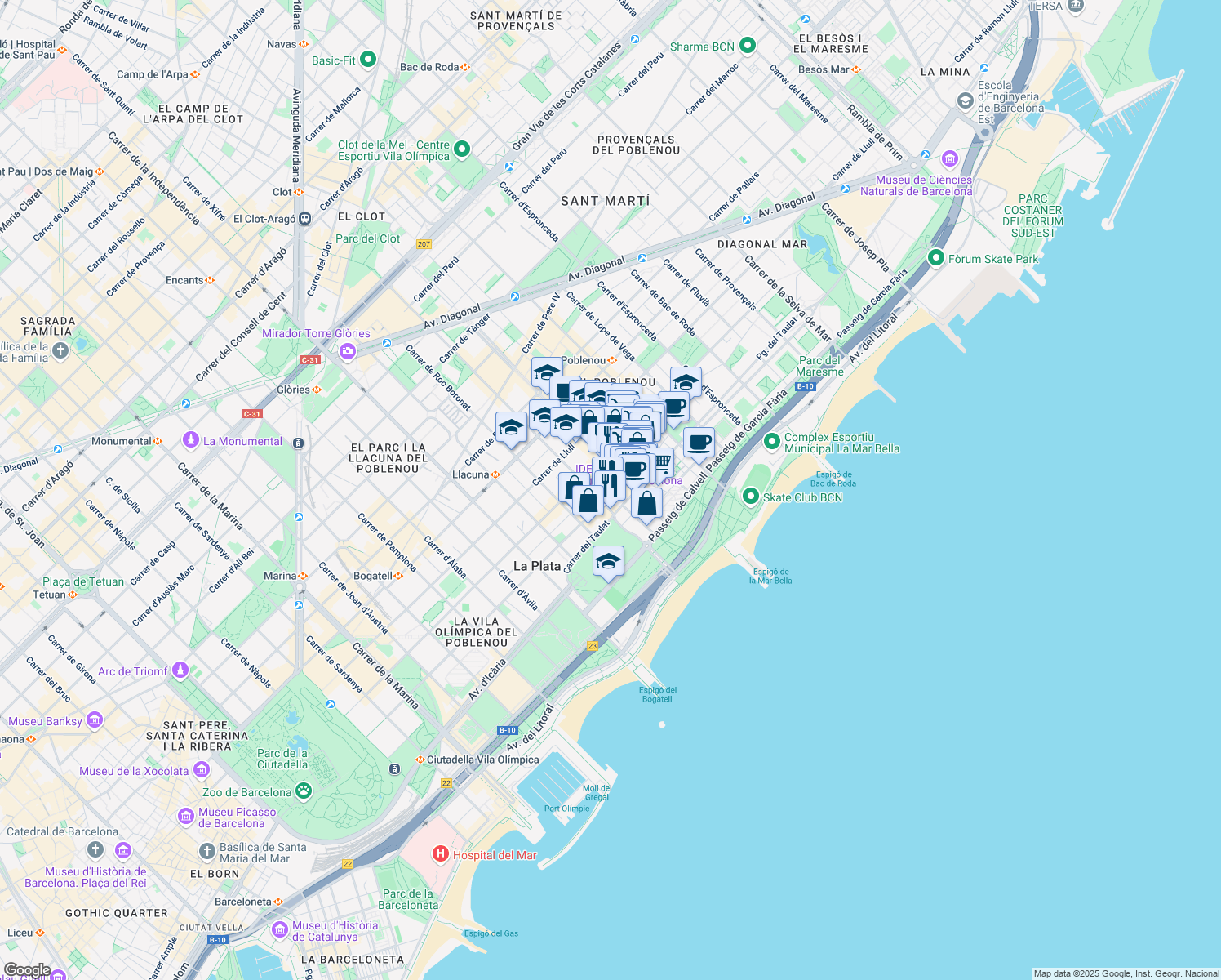 map of restaurants, bars, coffee shops, grocery stores, and more near 205 Carrer del Doctor Trueta in Barcelona