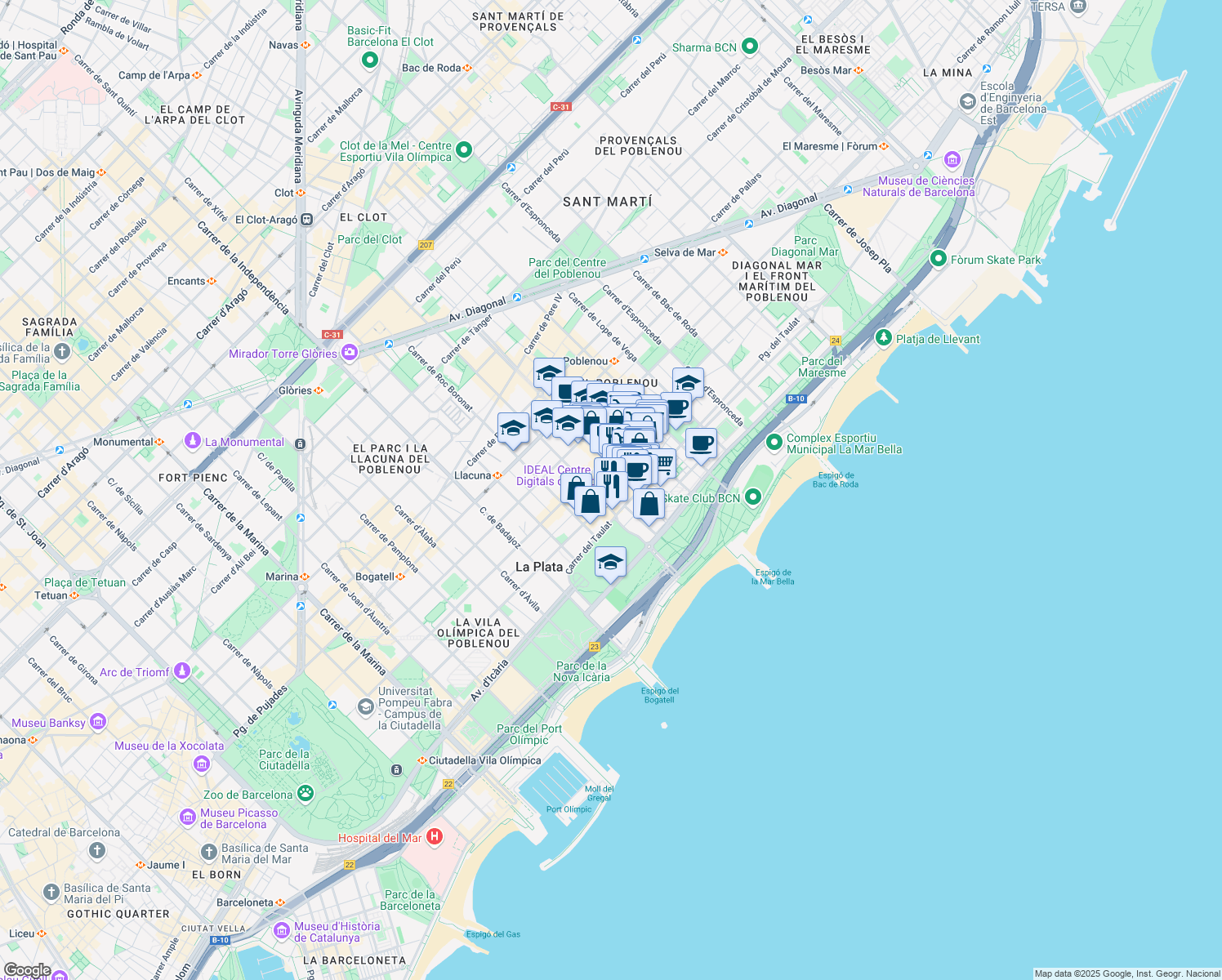 map of restaurants, bars, coffee shops, grocery stores, and more near 205 Carrer del Doctor Trueta in Barcelona