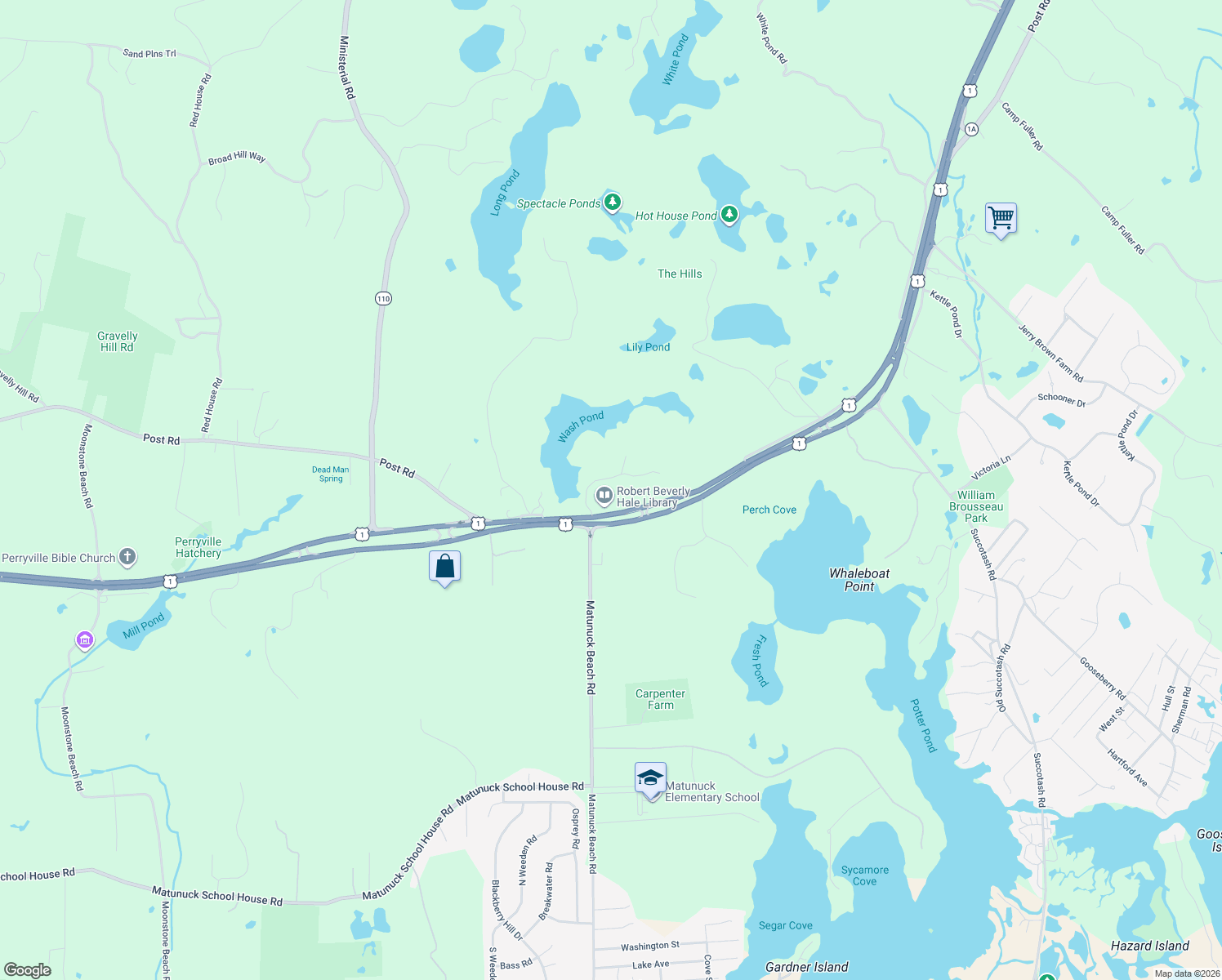 map of restaurants, bars, coffee shops, grocery stores, and more near 2591 Comd Oliver Hazard Perry Hwy in South Kingstown