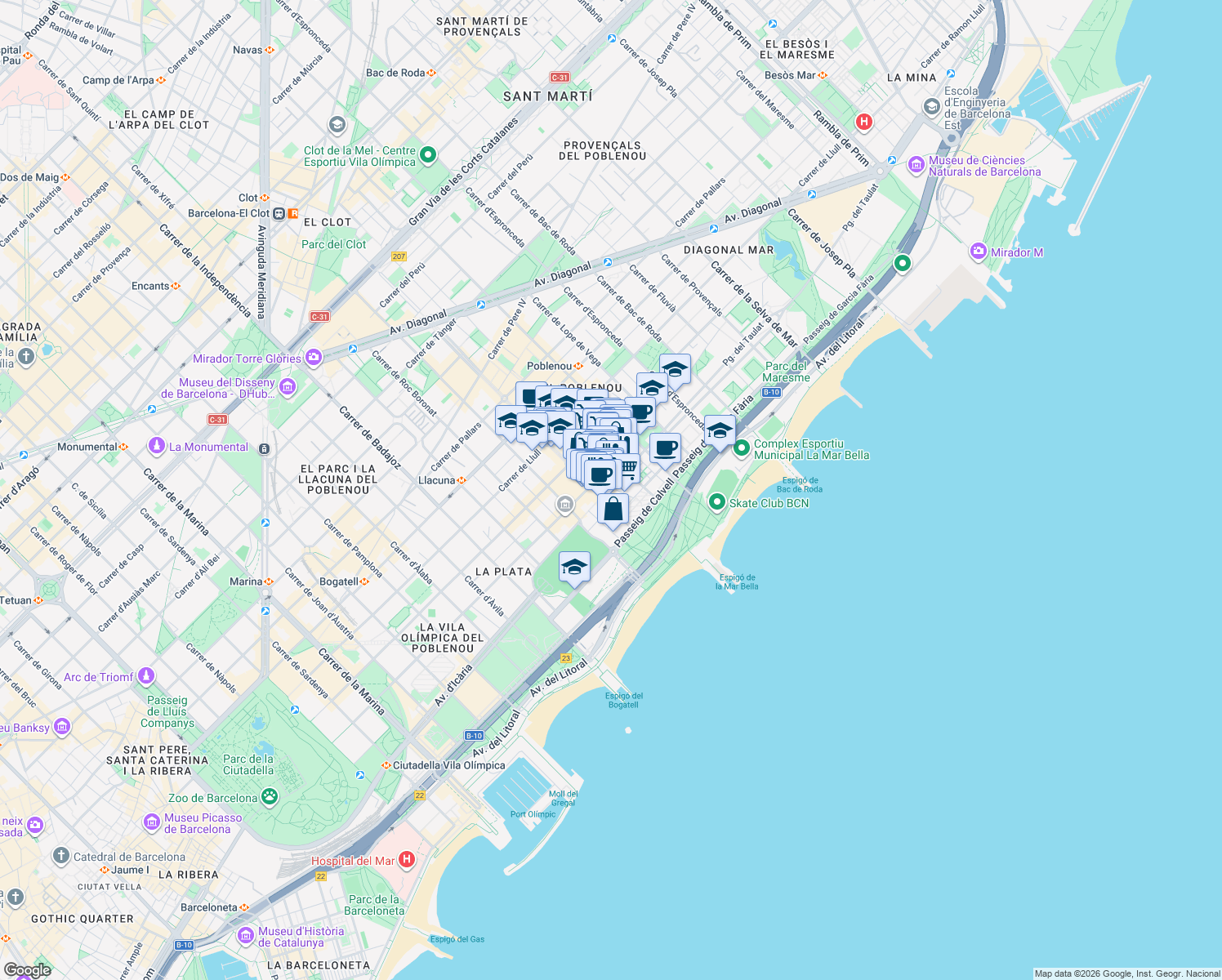 map of restaurants, bars, coffee shops, grocery stores, and more near 44 Carrer del Taulat in Barcelona