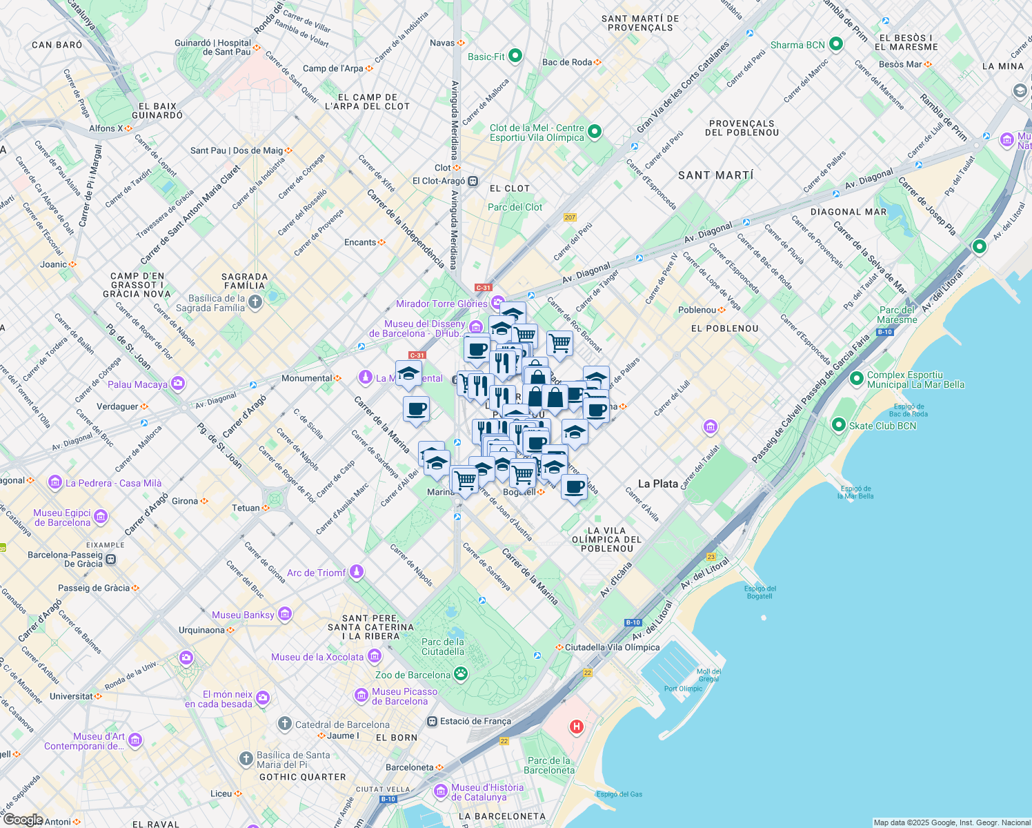 map of restaurants, bars, coffee shops, grocery stores, and more near 111 Carrer d'Àlaba in Barcelona