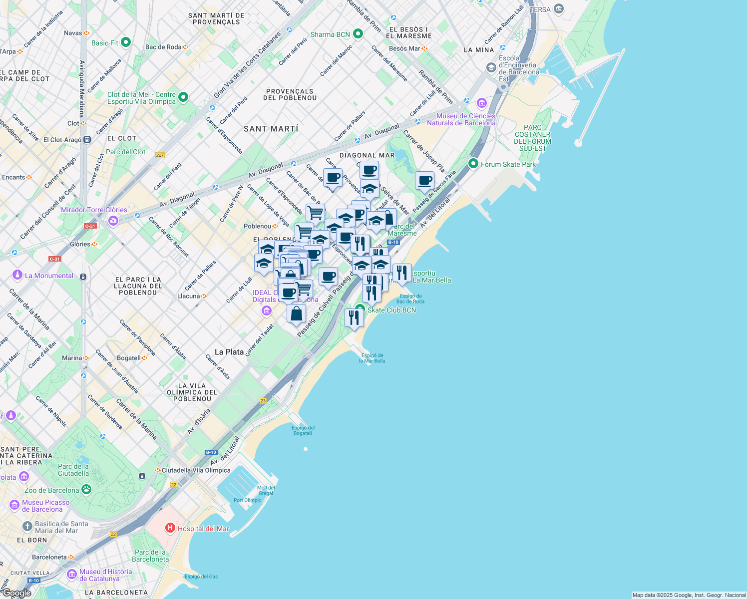 map of restaurants, bars, coffee shops, grocery stores, and more near Passeig Marítim del Bogatell in Barcelona