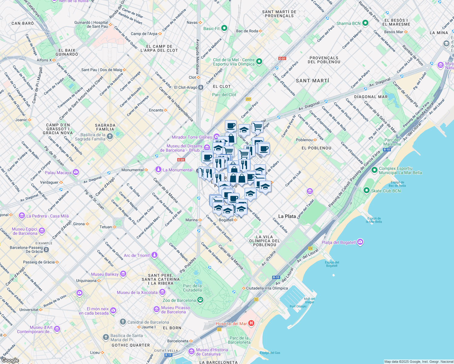 map of restaurants, bars, coffee shops, grocery stores, and more near 66 Carrer de Sancho de Ávila in Barcelona