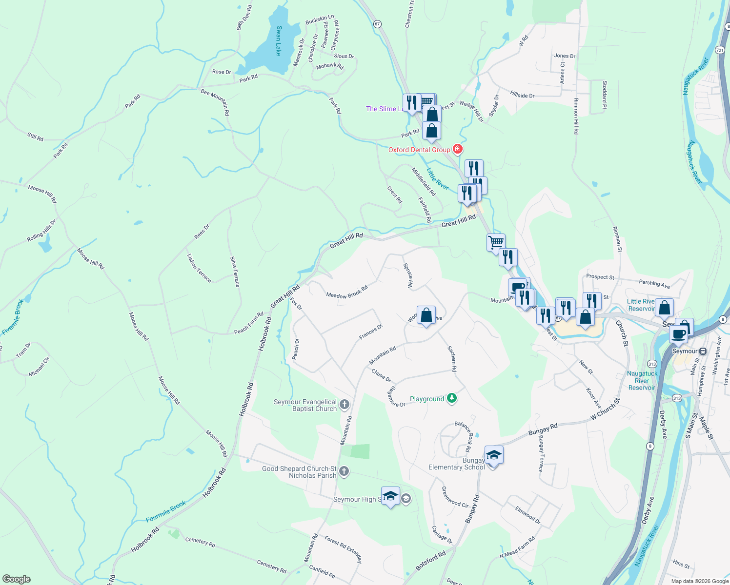 map of restaurants, bars, coffee shops, grocery stores, and more near 191 Meadow Brook Road in Oxford