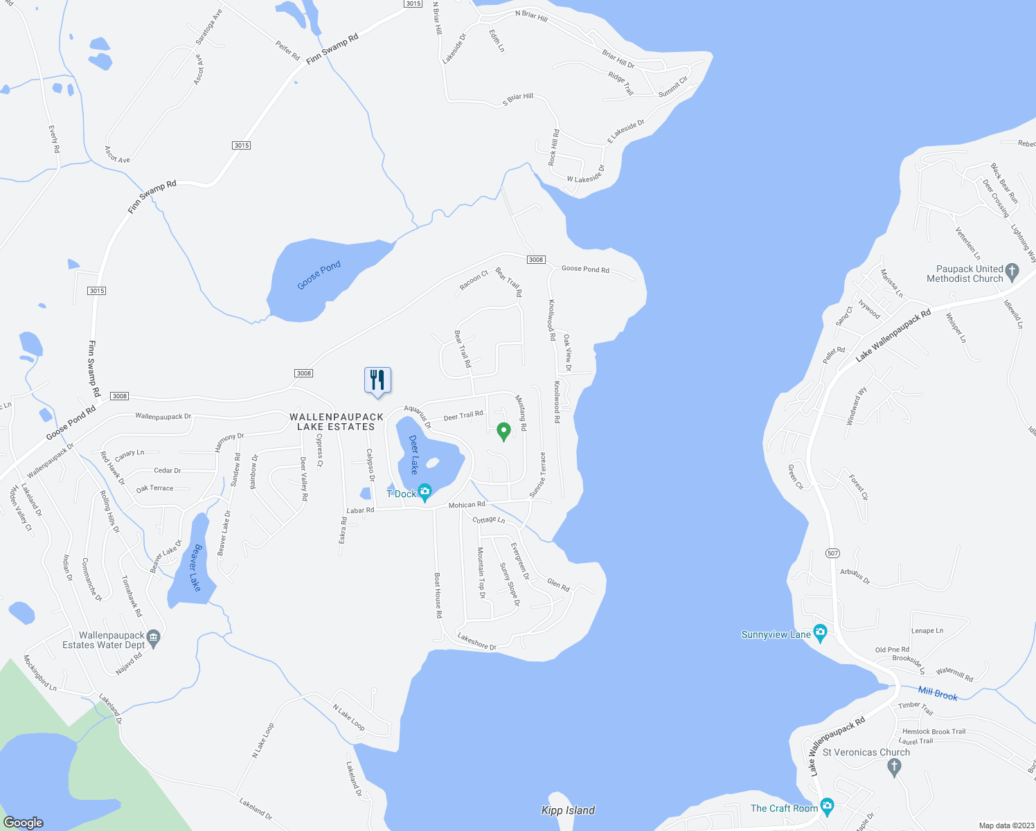 map of restaurants, bars, coffee shops, grocery stores, and more near 1077 Mustang Road in Lake Ariel