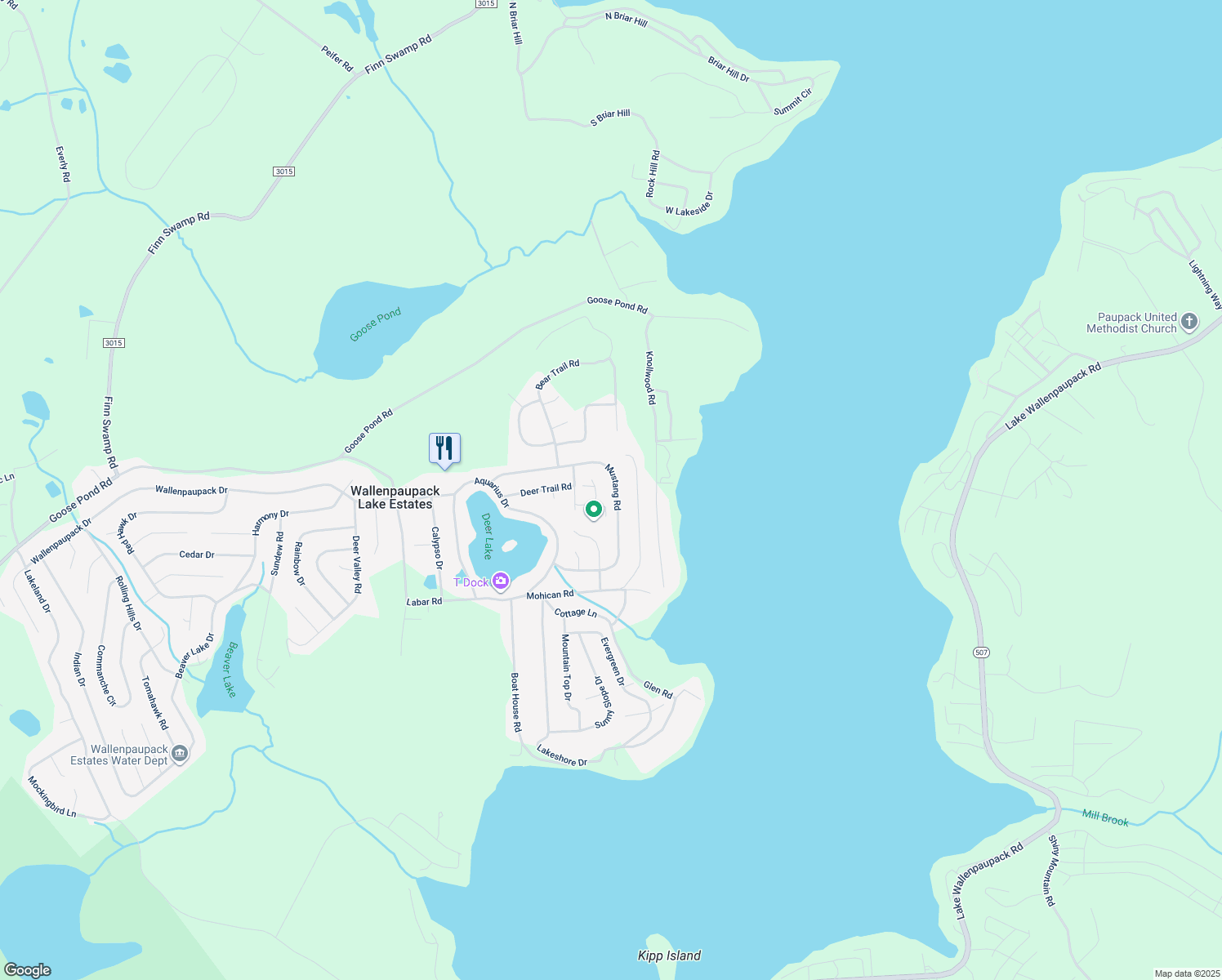 map of restaurants, bars, coffee shops, grocery stores, and more near 1077 Mustang Road in Lake Ariel