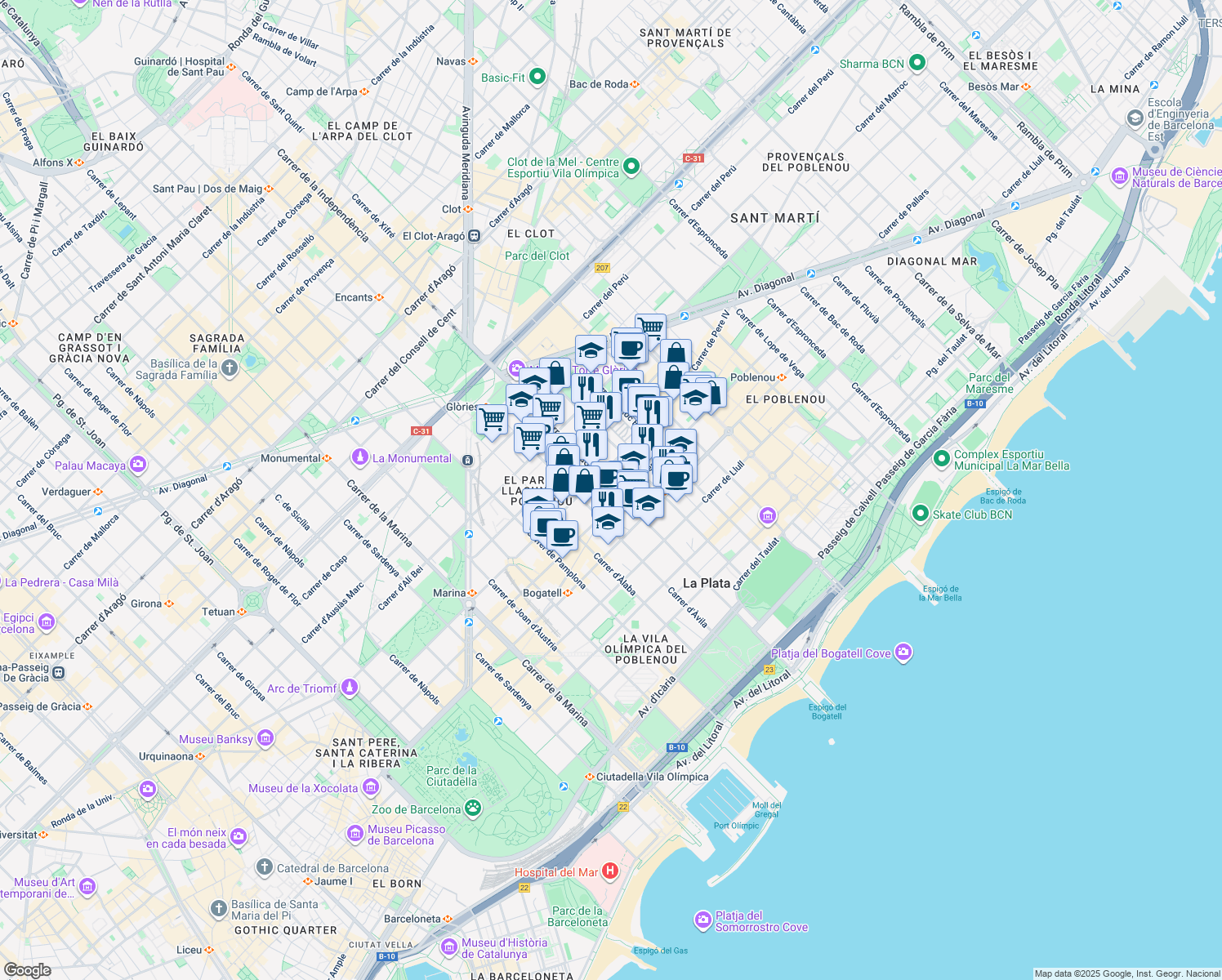 map of restaurants, bars, coffee shops, grocery stores, and more near 97 Carrer de Badajoz in Barcelona
