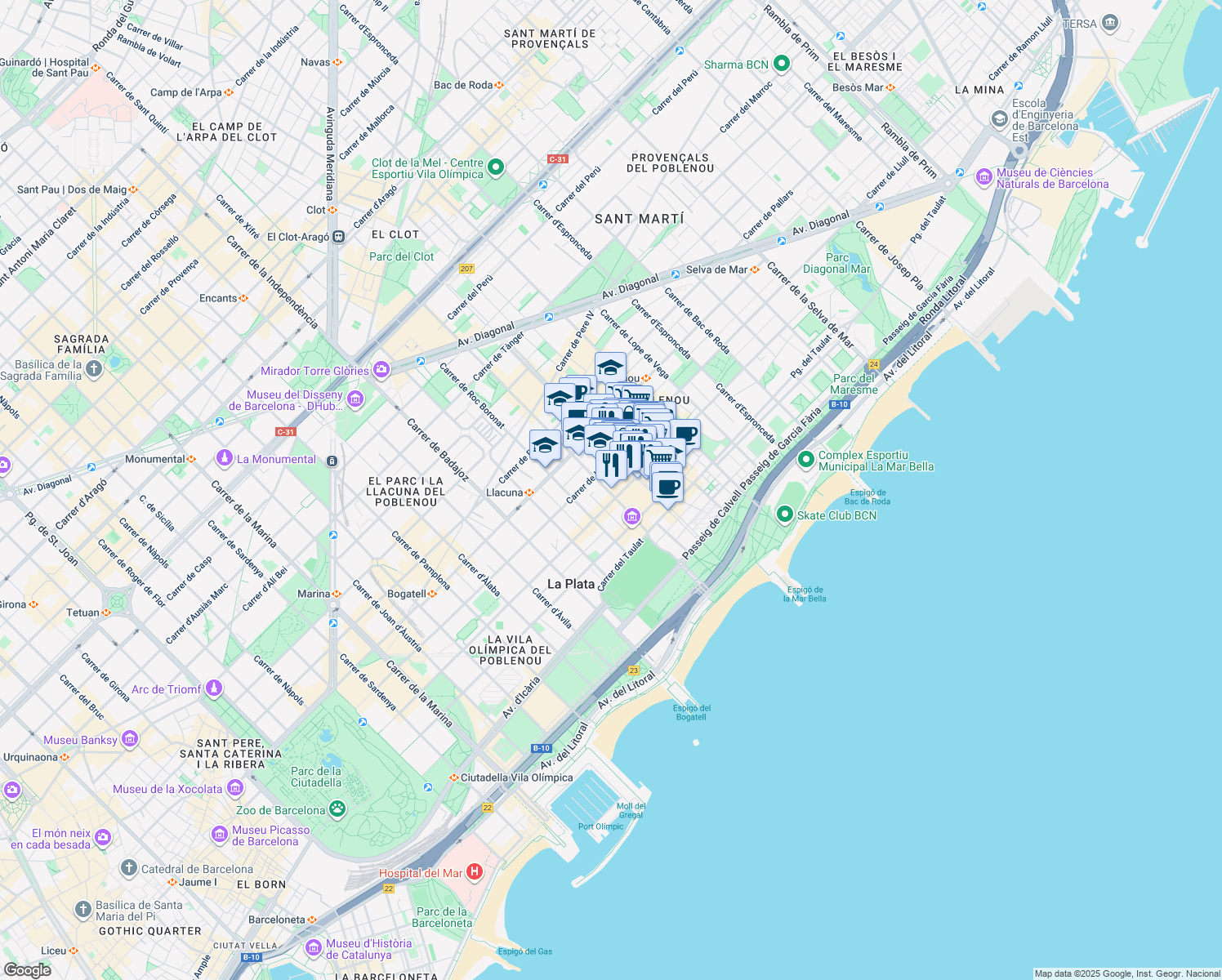 map of restaurants, bars, coffee shops, grocery stores, and more near 26 Carrer de la Llacuna in Barcelona