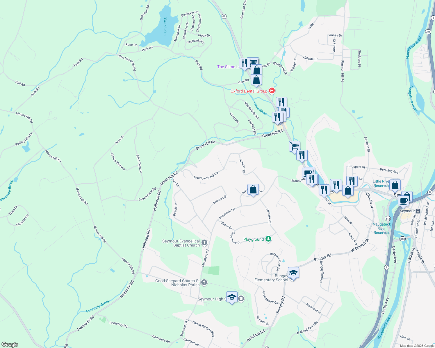 map of restaurants, bars, coffee shops, grocery stores, and more near 191 Meadow Brook Road in Oxford