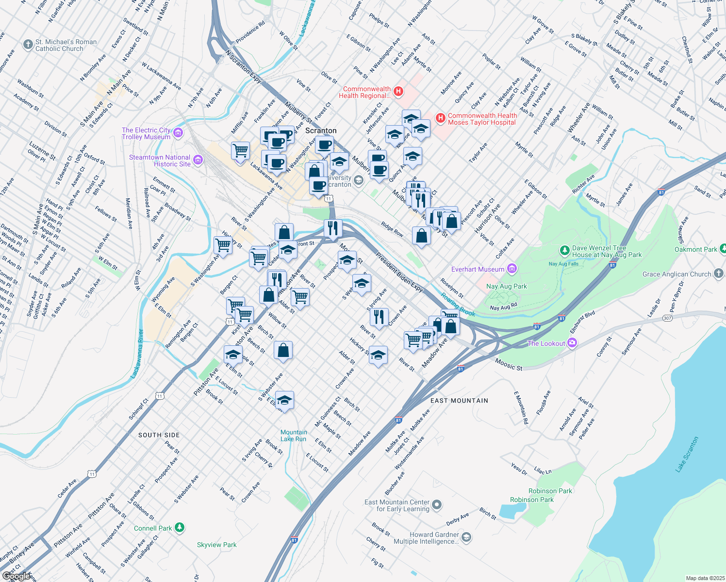 map of restaurants, bars, coffee shops, grocery stores, and more near 718 Hemlock St in Scranton