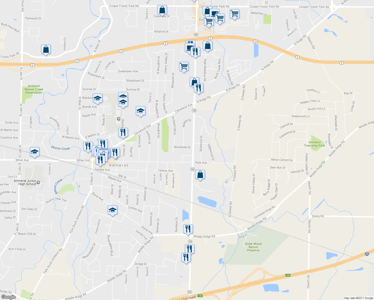 map of restaurants, bars, coffee shops, grocery stores, and more near 1180 Woodside Drive in Amherst