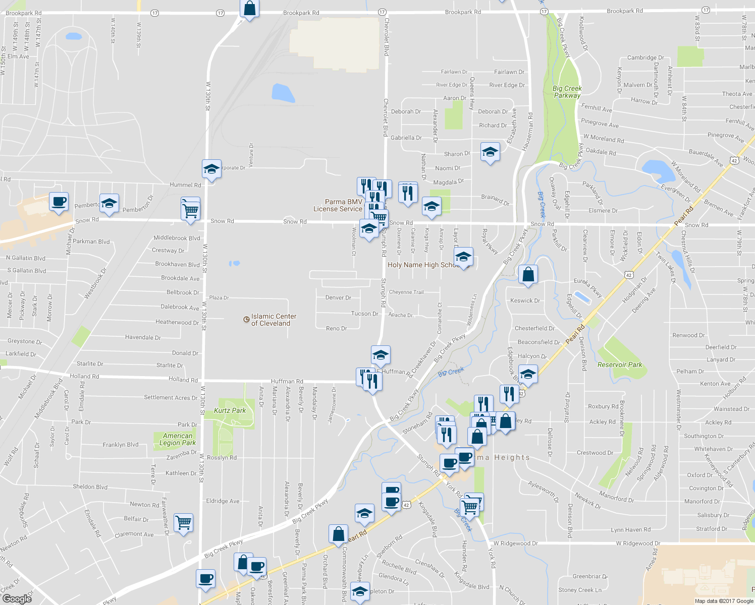 map of restaurants, bars, coffee shops, grocery stores, and more near 6000 Stumph Road in Parma