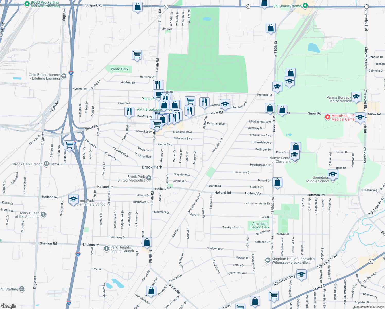 map of restaurants, bars, coffee shops, grocery stores, and more near 6046 Morrow Dr in Brook Park