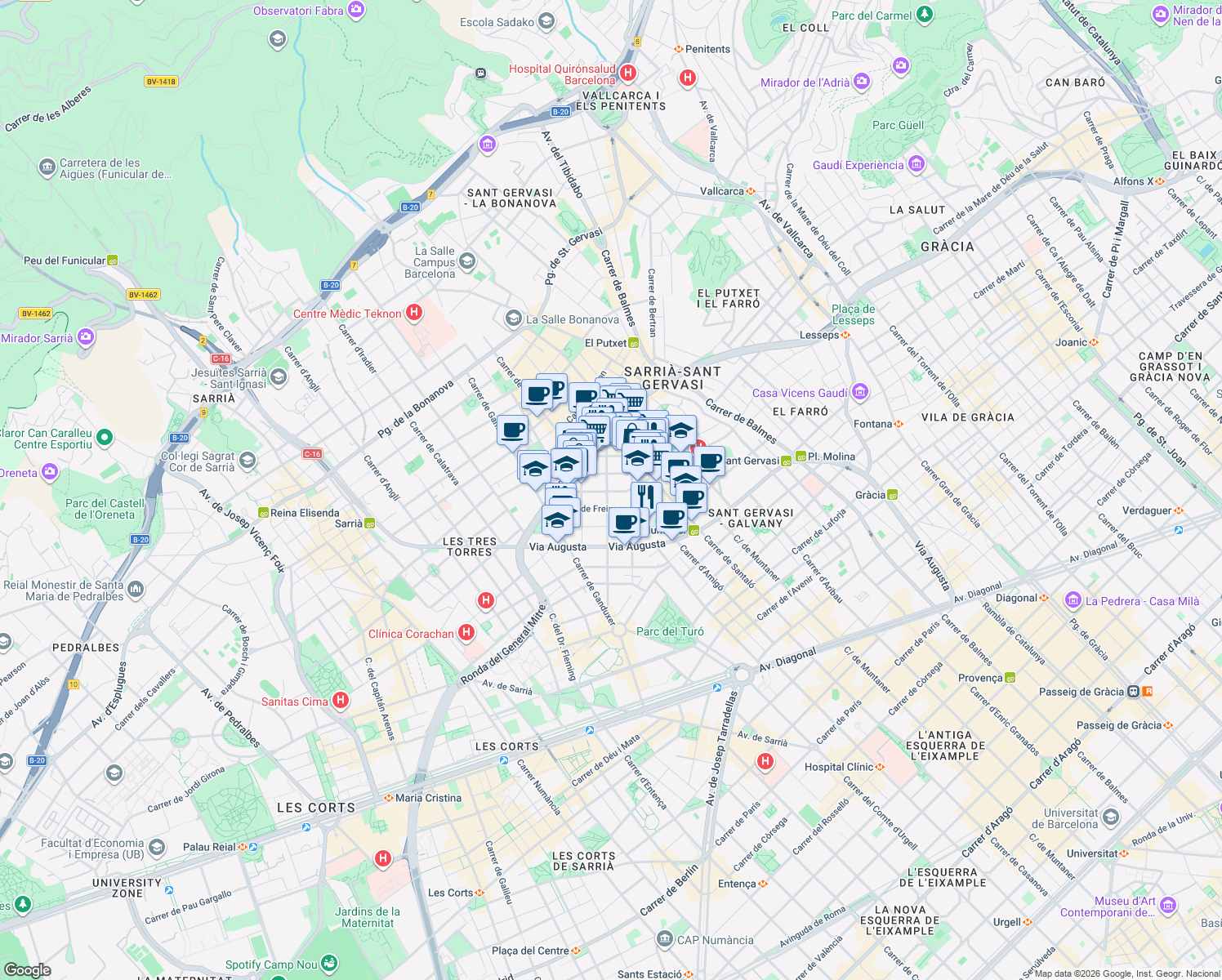 map of restaurants, bars, coffee shops, grocery stores, and more near 19 Carrer de Copèrnic in Barcelona