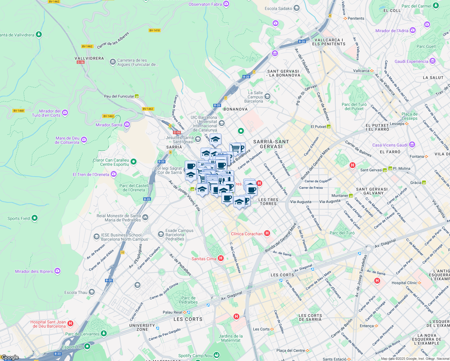 map of restaurants, bars, coffee shops, grocery stores, and more near 340 Via Augusta in Barcelona