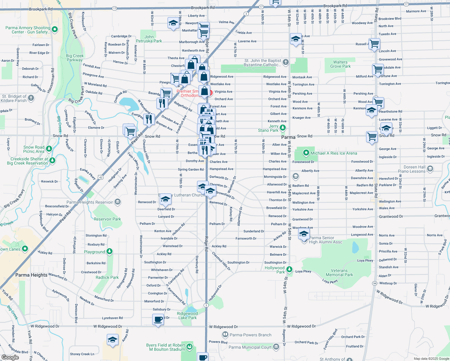 map of restaurants, bars, coffee shops, grocery stores, and more near 6823 Dartworth Dr in Parma