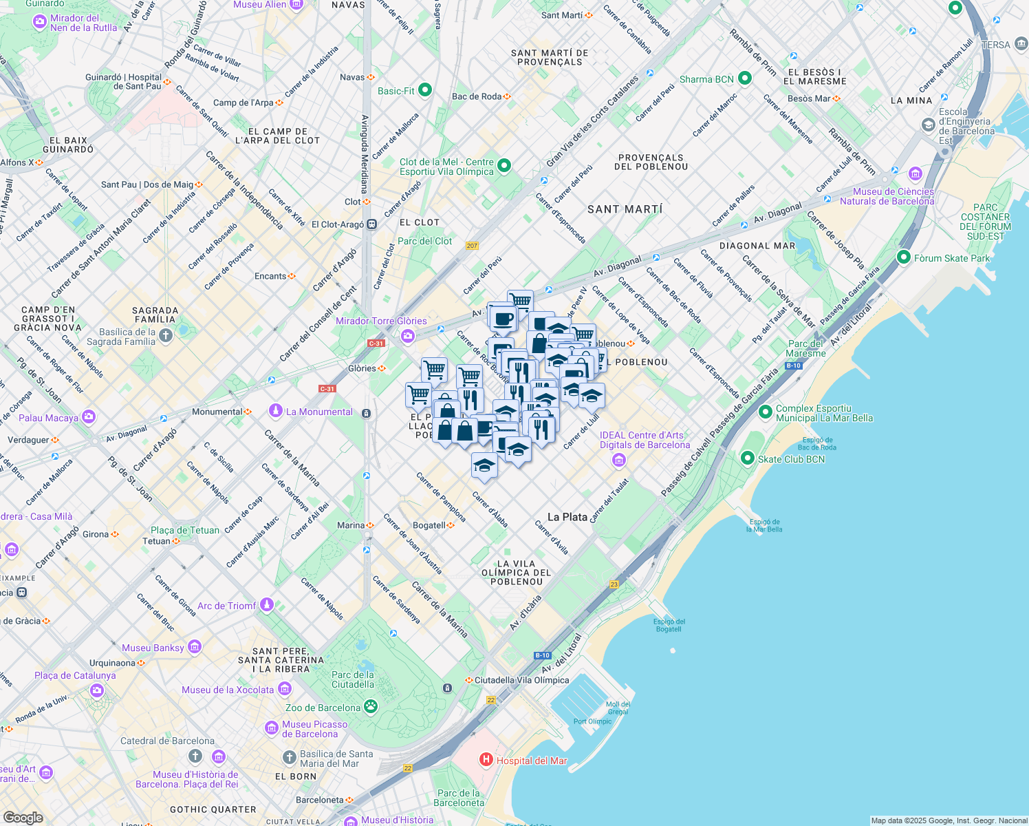 map of restaurants, bars, coffee shops, grocery stores, and more near 128 Carrer de Pere IV in Barcelona