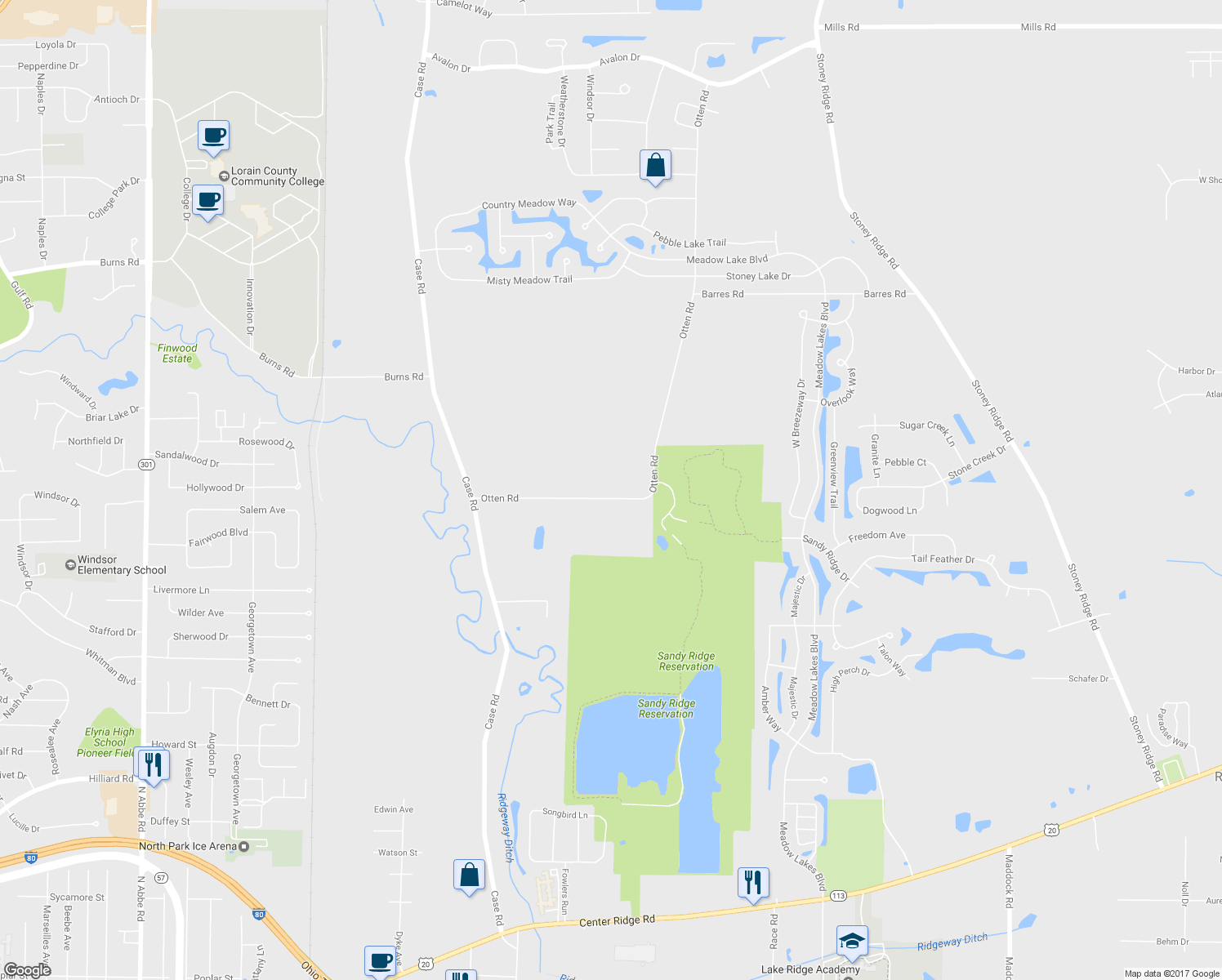 map of restaurants, bars, coffee shops, grocery stores, and more near 38444 Otten Road in North Ridgeville