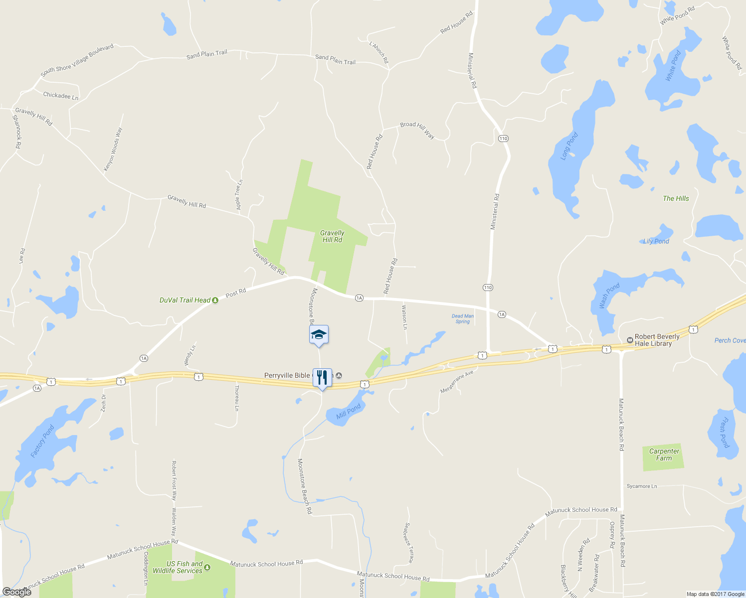 map of restaurants, bars, coffee shops, grocery stores, and more near 2464 Post Road in South Kingstown