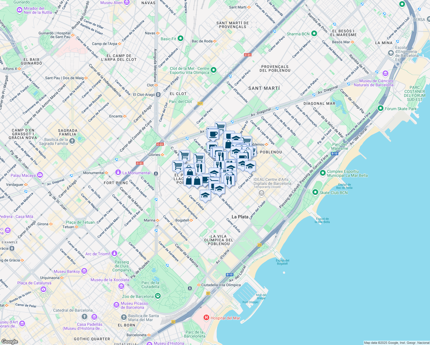 map of restaurants, bars, coffee shops, grocery stores, and more near 121 Carrer de Pere IV in Barcelona