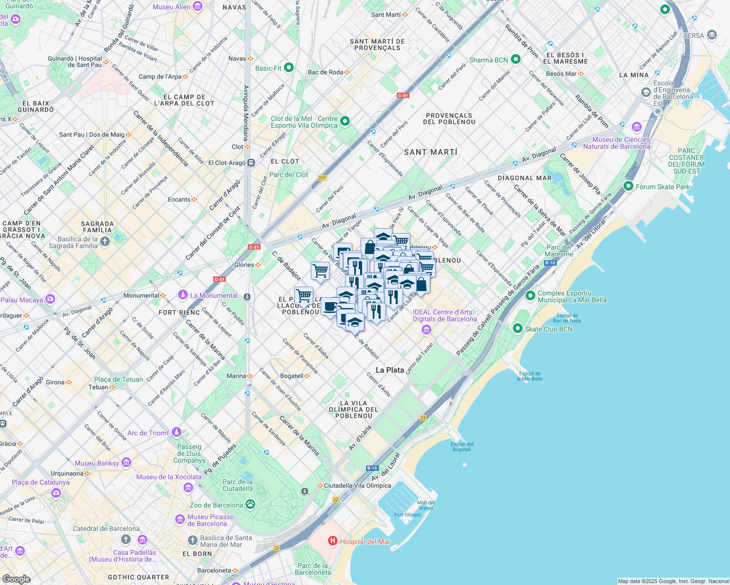 map of restaurants, bars, coffee shops, grocery stores, and more near Carrer de Pallars in Barcelona