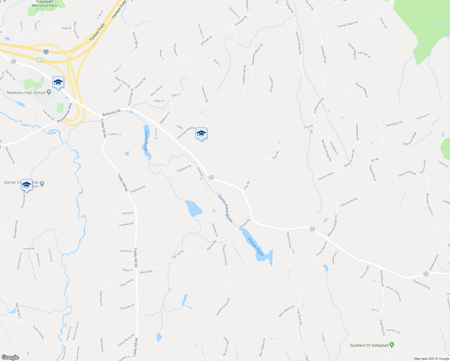 map of restaurants, bars, coffee shops, grocery stores, and more near 107 Berkshire Road in Newtown