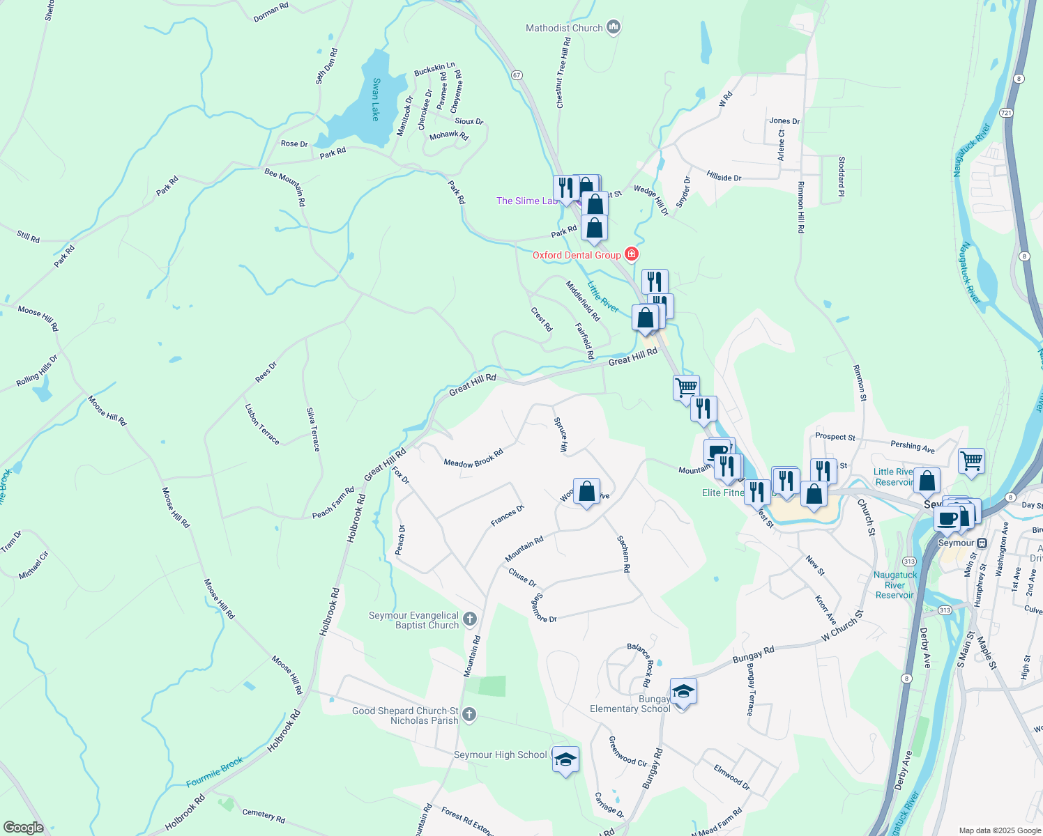 map of restaurants, bars, coffee shops, grocery stores, and more near 166 Meadow Brook Road in Oxford