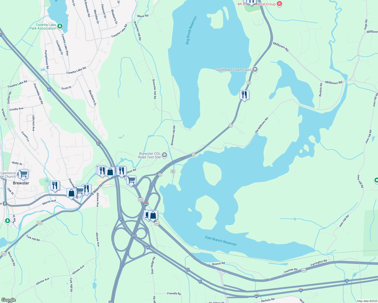 map of restaurants, bars, coffee shops, grocery stores, and more near 112 Sodom Road in Brewster