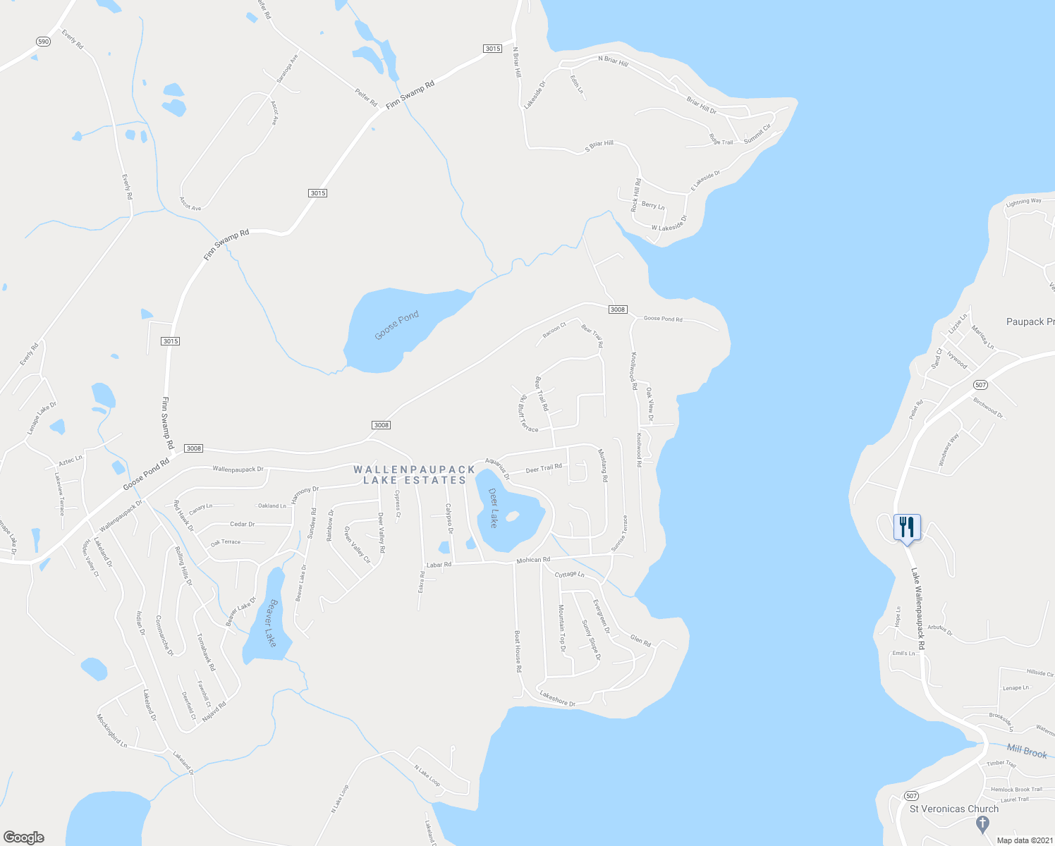 map of restaurants, bars, coffee shops, grocery stores, and more near 8 Ski Bluff Terrace in Wayne County